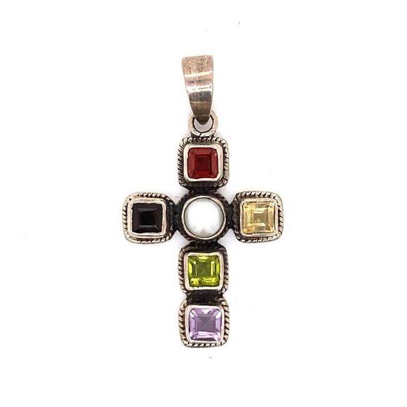Unknown Jewelry - Estate Sterling Silver, Pearl, Garnet, Amethyst, Peridot & Citrine Cross Pendant